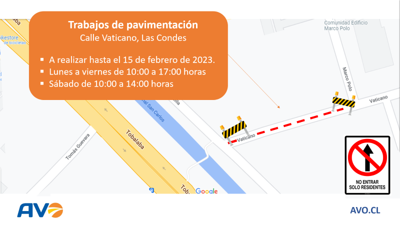 Extensión de trabajos de pavimentación en calle Vaticano, Las Condes. Acceso sólo residentes.
